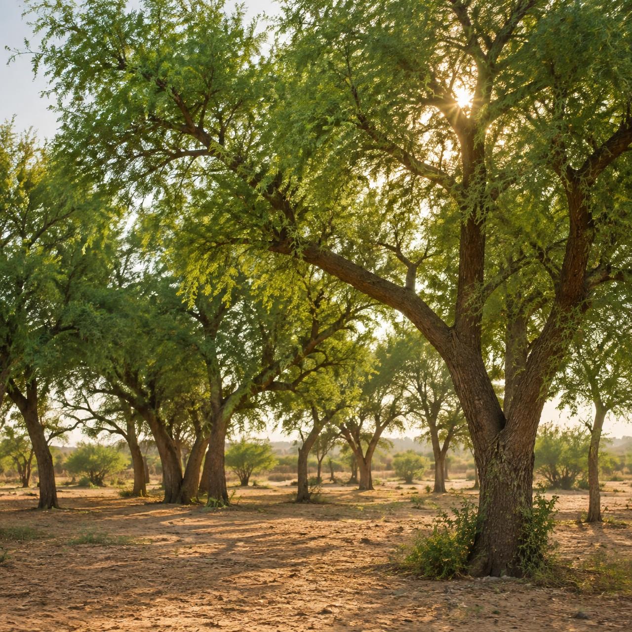 Khejri trees in a sunlit grove, a symbol of the Bishnoi love for nature