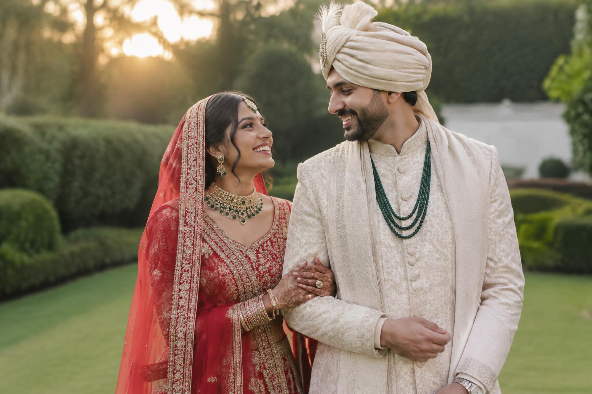 A happy Indian bride and groom in traditional wedding attire